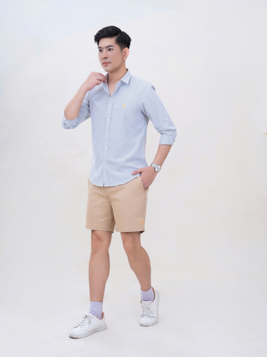 SET QUẦN SHORT KAKI + ÁO SƠMI KẺ SỌC DÀI TAY 