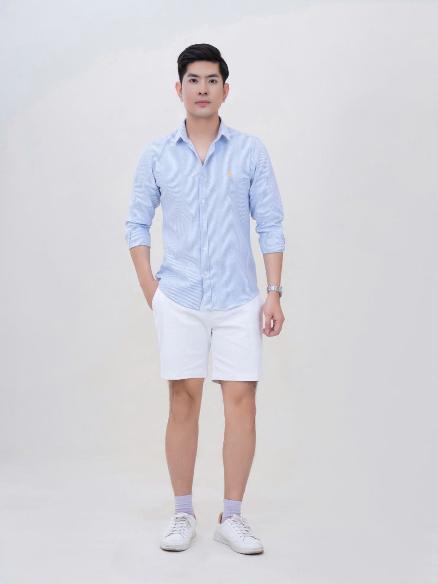 SET QUẦN SHORT KAKI + ÁO SƠMI KẺ SỌC DÀI TAY 